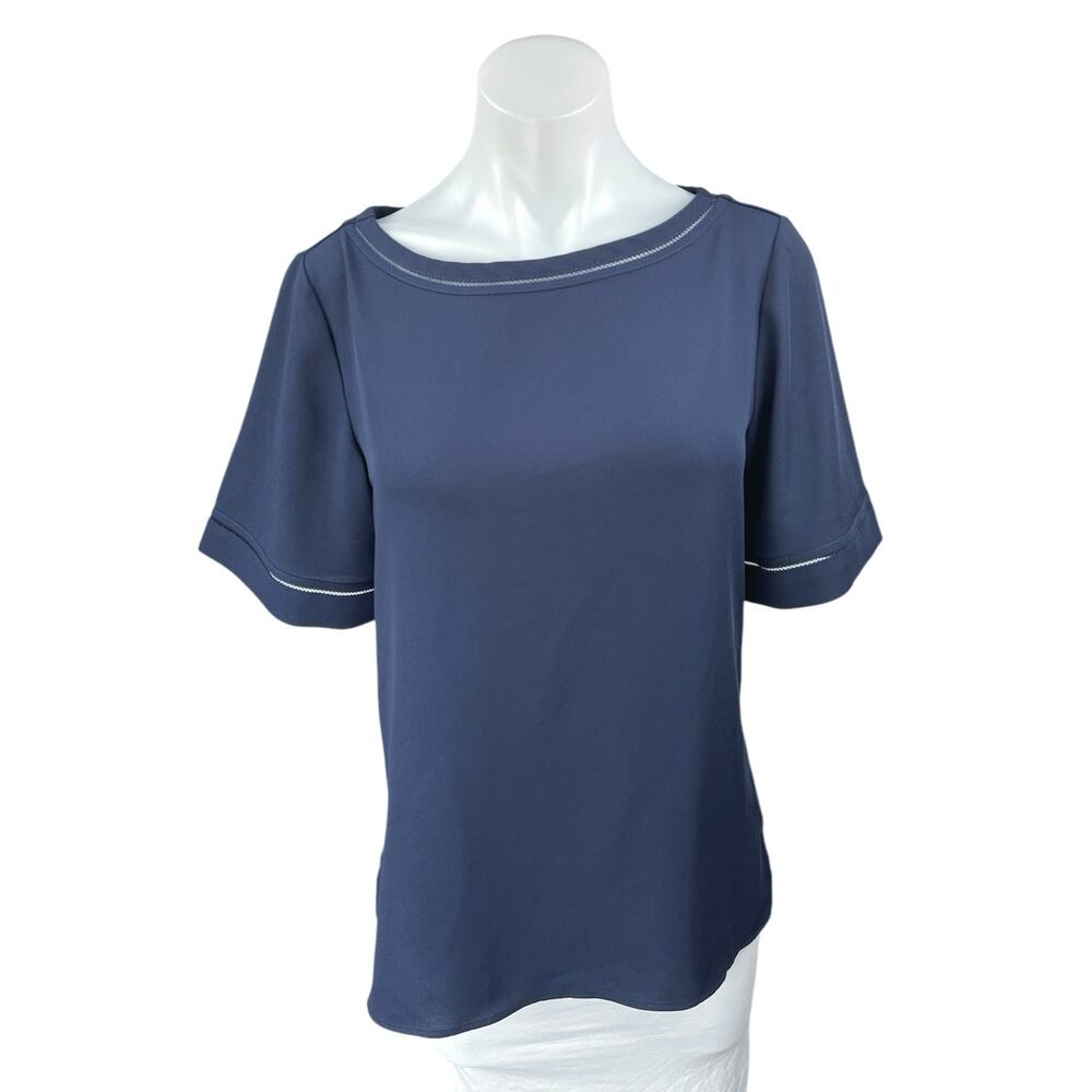 Ann Taylor Women's Navy Blue Short Sleeve Boat Neck Loose Fit Blouse Shirt Top S